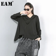 [EAM] женская черная короткая футболка с асимметричным подолом и разрезом, новая модная футболка с v-образным вырезом и длинным рукавом, весна-осень, 1D200