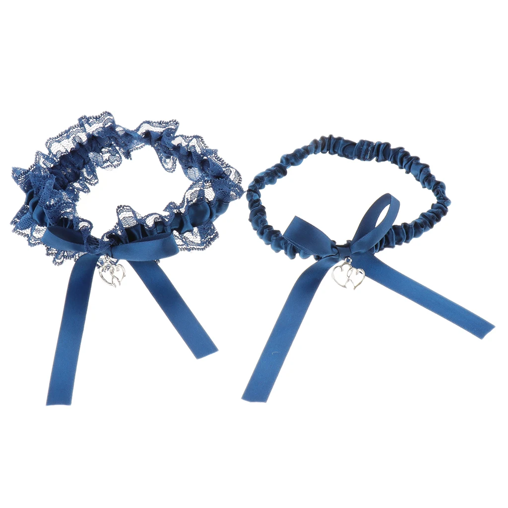 Pack of 2 Elegant Wedding Bridal Bowknot Love Heart Pendant Lace Garter Throwaway Toss Leg Ring Blue One Size