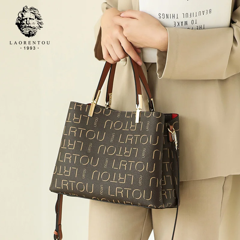 

LAORENTOU Commute Office Lady Handbag Fashion Logo Printing Purse for Female Elegant Shoulder Bag Large Capacity Stylish Women