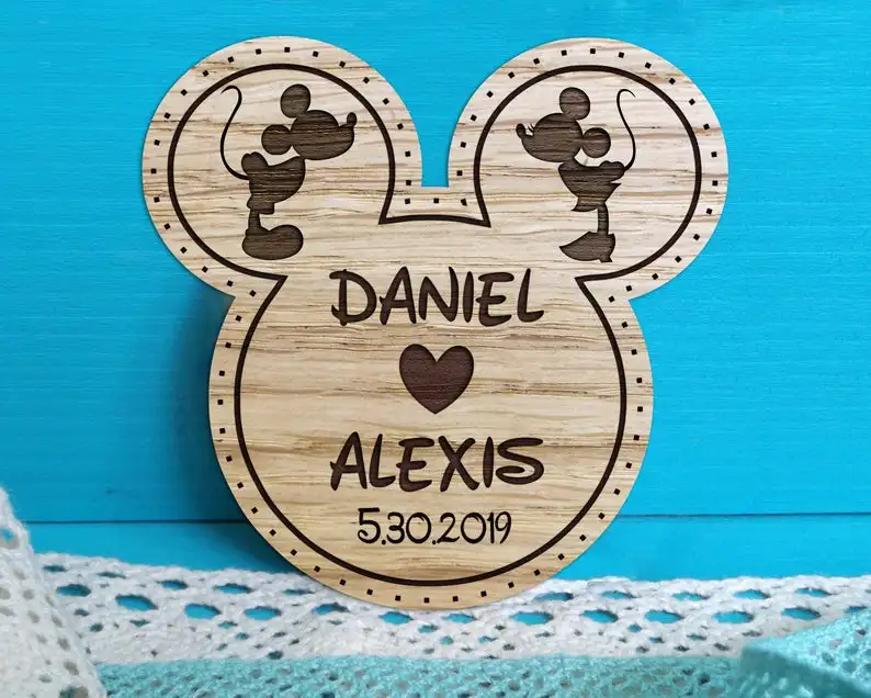 

Wedding Save The Date Magnet / Wood Mickey and Minnie Save the Date /Rustic Save the Date / Personalised Save the date / Disney
