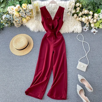 

Women Fashion New Sexy V-collar Ruffle Ins Thin Sleeveless High Waist Droop Feeling Wide-legged Jumpsuits Overalls K844