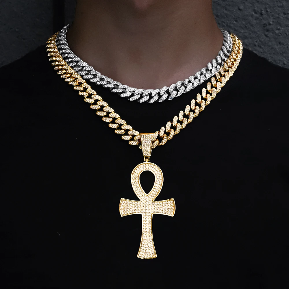 

Egyptian Ankh Necklace Charm Men's Cross Pendant Rope Chain Key of Life Iced Out Rhinestone Cuban Chain Necklace Hip Hop Jewelry