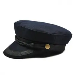 Women's Black Military - Style Flat Top Hat - British - Inspired Navy Cap (Blue)
