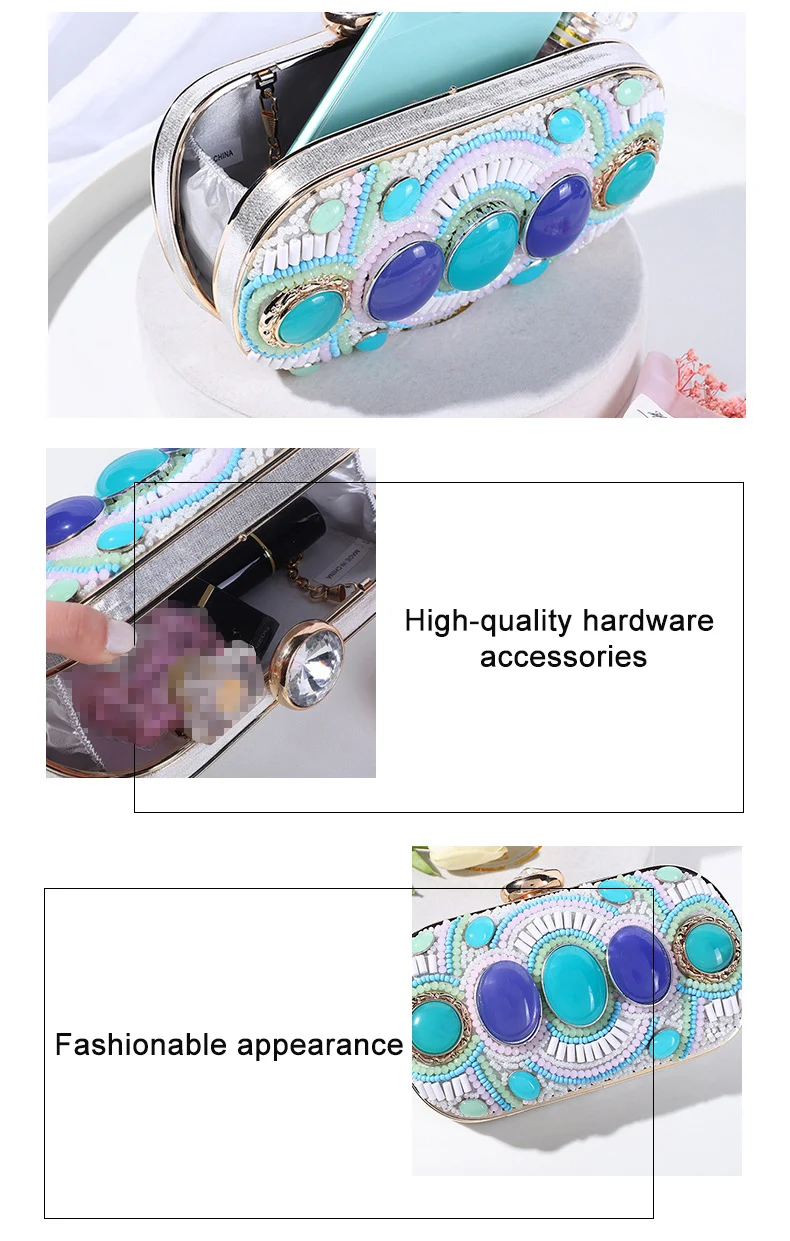 Luxy Moon Blue Gem Boho Beads Evening Clutch Bag Detail View