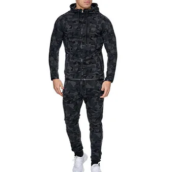 

2019 Mens Casual Fashion Print Long Sleeve Slim Zipper Striation Pattern Drawstring Hooded Sweatshirt Tracksuit Set