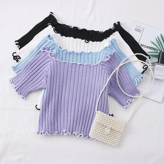 HELIAR Women Off Shoulder T shirts Knitting Crop Tops Women Short Sleeve Cute Ruffles Hem T