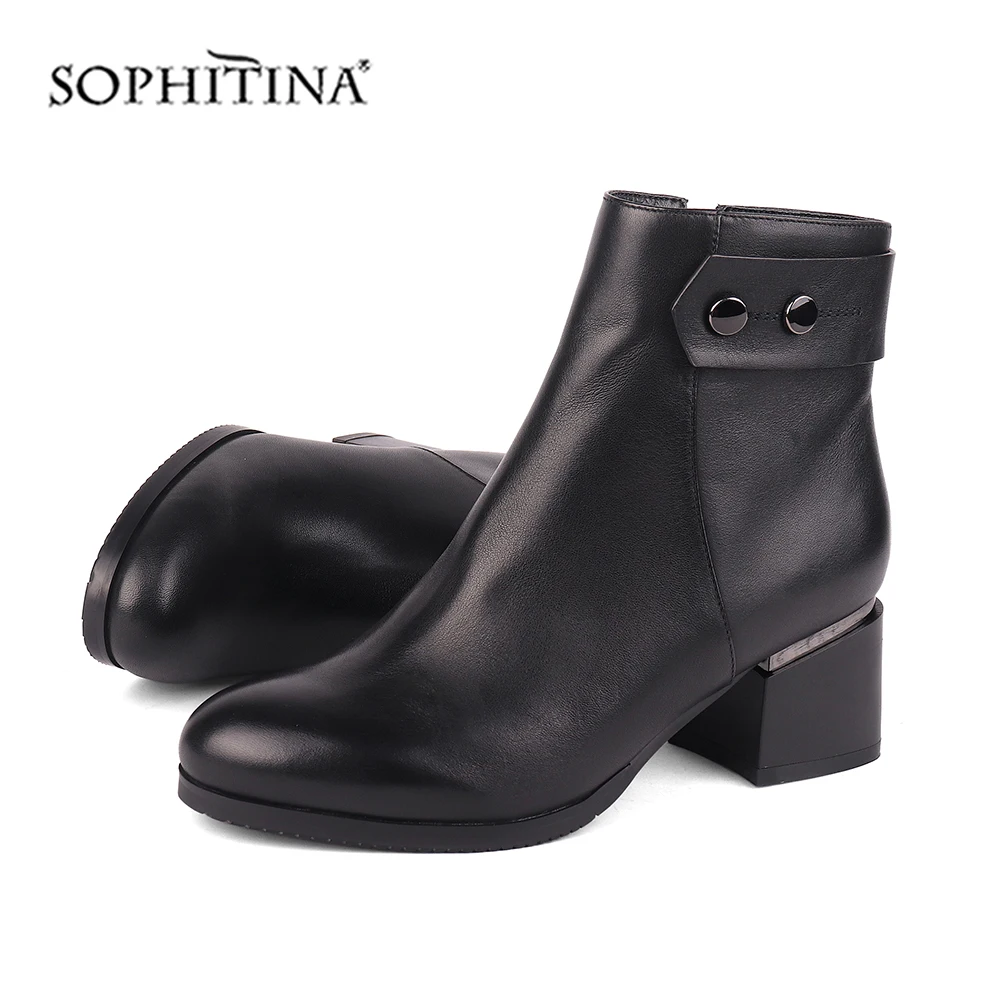 SOPHITINA/модные дизайнерские ботинки из высококачественной коровьей кожи; Удобные однотонные ботинки с круглым носком на квадратном каблуке; ботильоны ручной работы; PC457