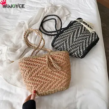

Summer Rattan Women Weaving Bucket Beach Shoulder Handbags Ladies Weaving Bucket Beach Shoulder Messenger Purse