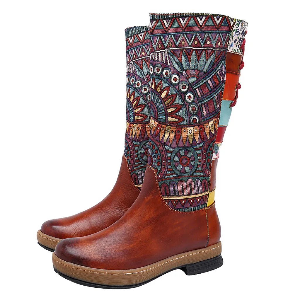 

2019 Boots Women Embroidery Lace Shoe Splicing Pattern Flat Bohemian style Knee Boots Mujer Female Ankle Boots bota feminina 30