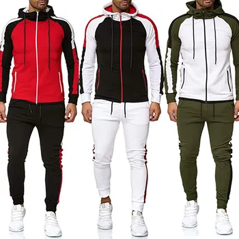 

Spring and Autumn New Fashion Stripes Color Patchwork Plus Size Men's Hooded Sweatshirt and Sports Pants 2 Pcs Suit