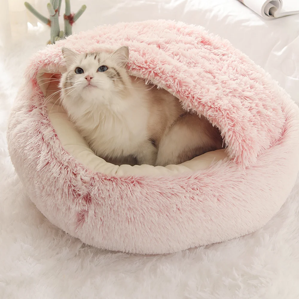 Winter Cat Bed Long Plush Pet Cat Cushion Warm Sleep Bag Bed Round Half-Pack Cat Basket Lounger Nest For Small Medium Large Dog