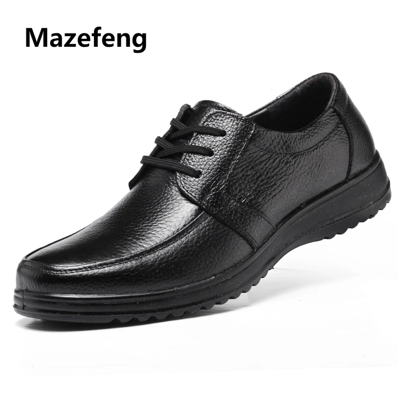 Mazefeng/ г. Новые демисезонные мужские модельные туфли мужская кожаная обувь деловые мужские рабочие туфли с круглым носком на шнуровке, противоскользящие дышащие
