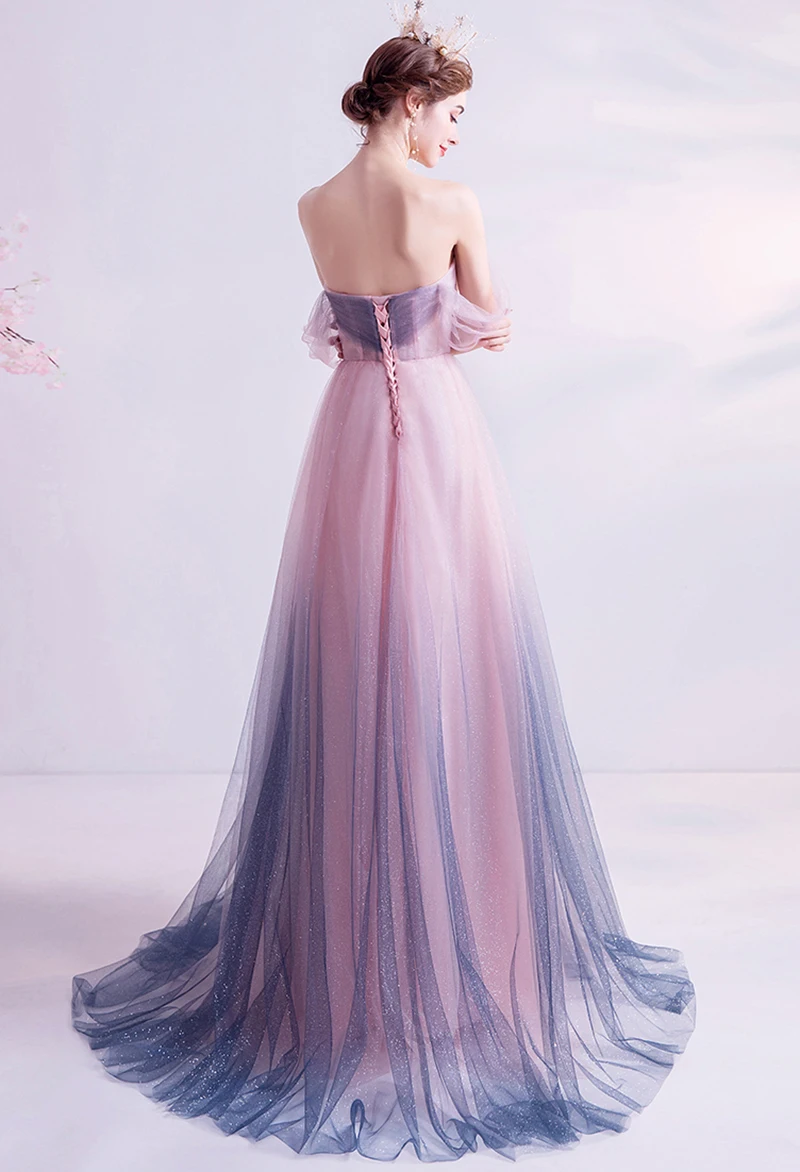 SSYFashion, новинка, милое, градиентное, розовое, фиолетовое, вечернее платье, романтичное, кружевное, с аппликацией, с бисером, длинное, для выпускного вечера, вечерние платья, Robe De Soiree
