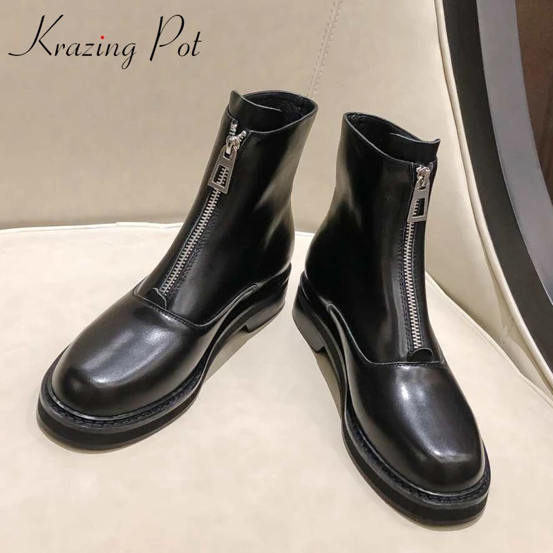 Krazing pot/суперзвезда, натуральная кожа, меньше, более толстый средний каблук, ковбойские сапоги вестерн, круглый носок, передняя молния, ботильоны, l50