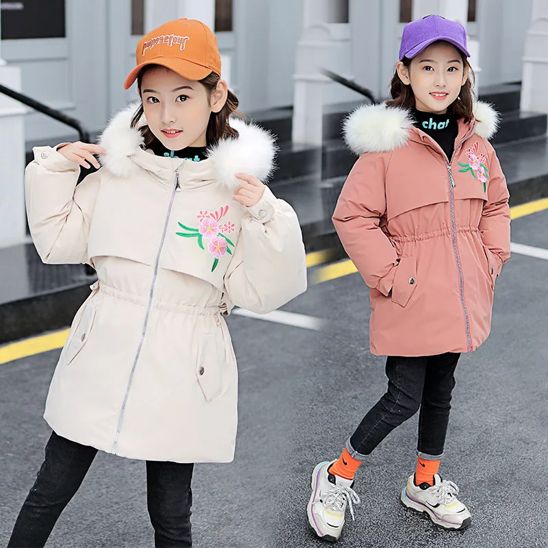 

Girl Winter Jacket Children's Warm Thicken Jacket Kids Cotton-padded Clothes Girl Embroidery Park Hoodie Fur collar Coat