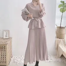 

Two Pieces Sets 2021 Autumn Knitting Pleated Patchwork Lace-Up Fashion Office Lady Casual Long Sleeve Chic Loose 2 Pcs Suits