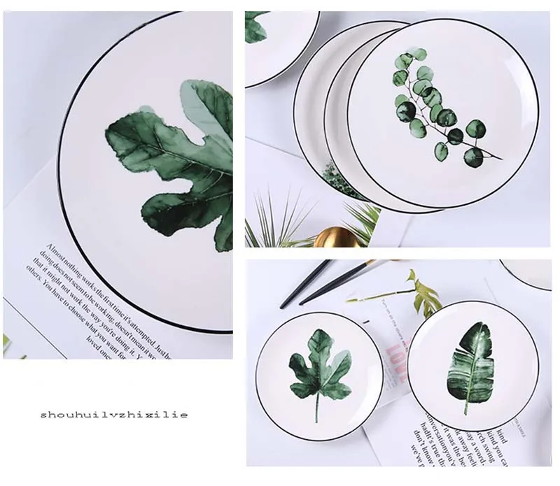 Round Green Plants Porcelain Dinner Plate Set 8 inch Tableware Wholesale Ceramic Dessert Plate Dinnerware Cake Plate