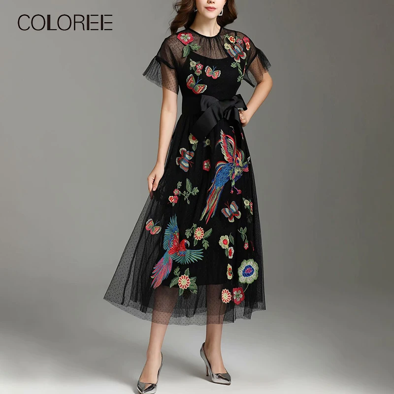 COLOREE, весна-осень, женское длинное платье, элегантное, короткий рукав, вышивка, сетка, прозрачное, черное платье для женщин, новая мода