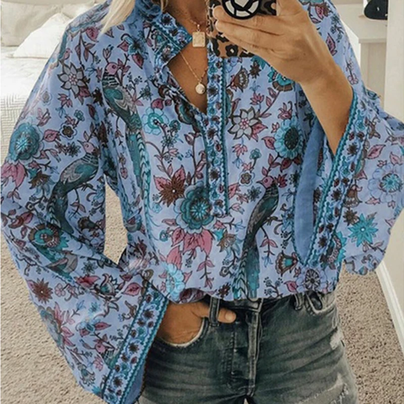 

Spring Women Boho Flare V Neck Button T Shirt Ladies Fashion Casual Long Sleeve Loose Tee Tops Autumn Woman Plus Size T-shirt