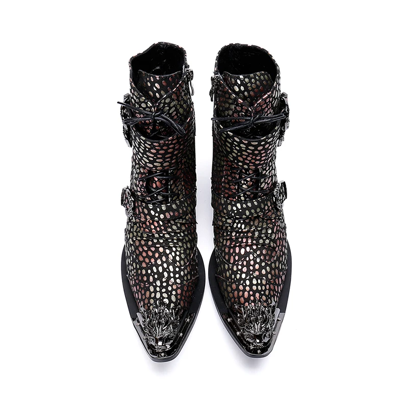

Genuine Leather Double buckles zip lace-up ankle boots fashion Wave point oxford pointed toe Martin boots big size 46