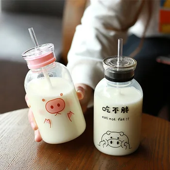 

450ml Double Lids Glass Bottle with Straw Cute Cartoon Pig Sippy Bottle For Milk Tea Juice Student Portable Drink Water Cup