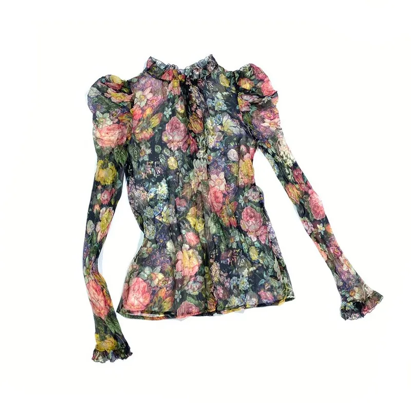 

100% Real Crinkle Silk Floral Blouses 2020 Spring Autumn Uk Australia Fashion Designer Wear Long Sleeve Elegant Womens Tops