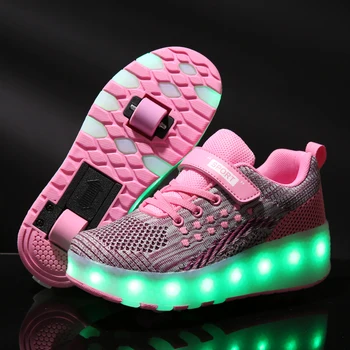 

Children One Two Wheels Luminous Glowing Sneakers Gold Pink Led Light Roller Skate Shoes Kids Led Shoes Boys Girls USB Charging
