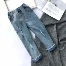 Новые стильные осенние детские джинсы в Корейском стиле с дырками, ковбойские детские джинсы, P9170