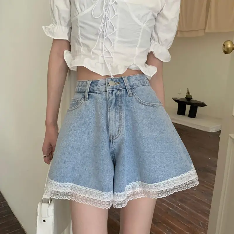 Women Summer Kawaii Sexy Blue Shorts 2021 Cute Girls Fashion All-Match Casual Solid Color Denim Lace Shorts yoga shorts