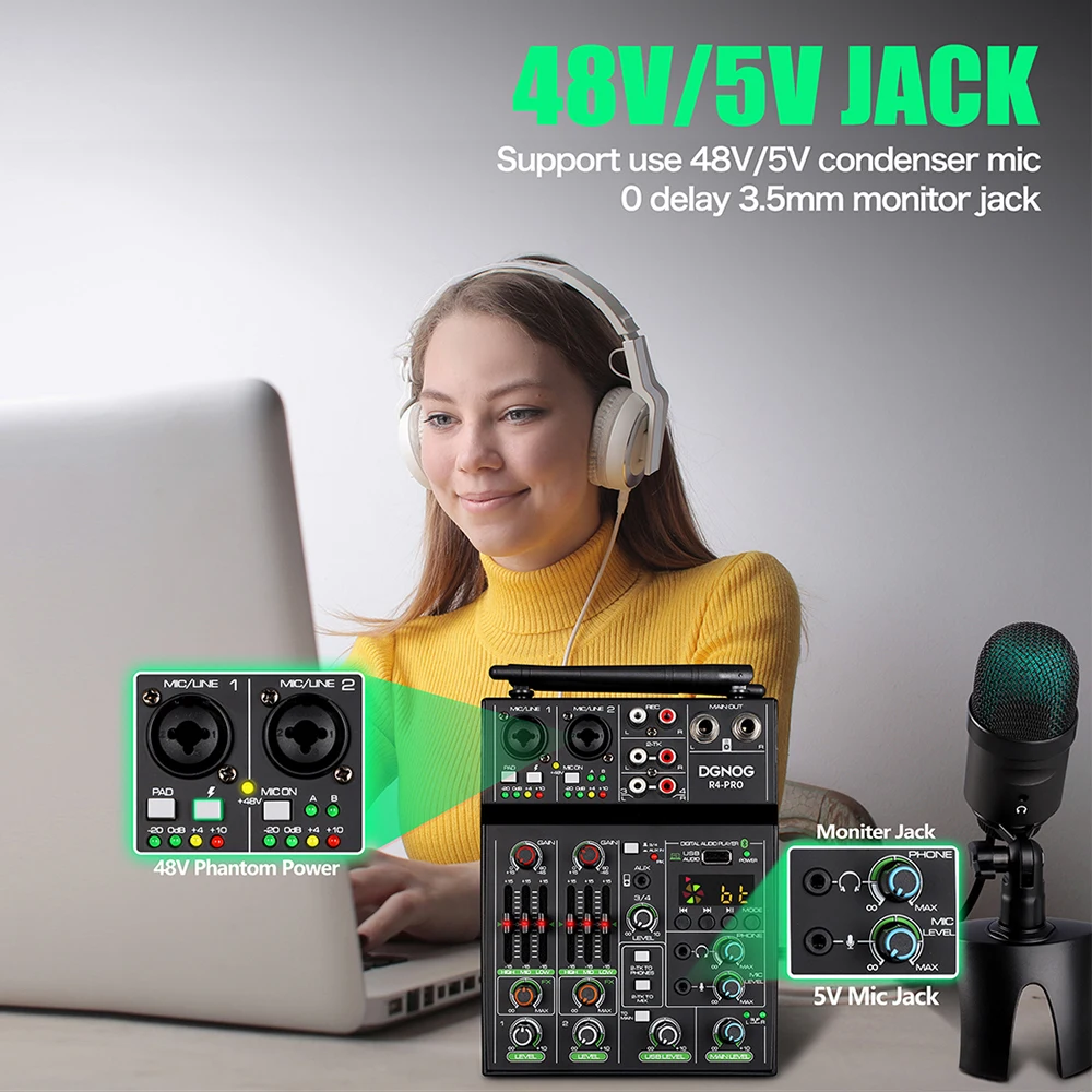 Misturador de Áudio com Microfone sem Fio Misturadores com Bluetooth Mistura para Karaoke Canais Estúdio Rec dj Console 4 Usb Som - Image 4
