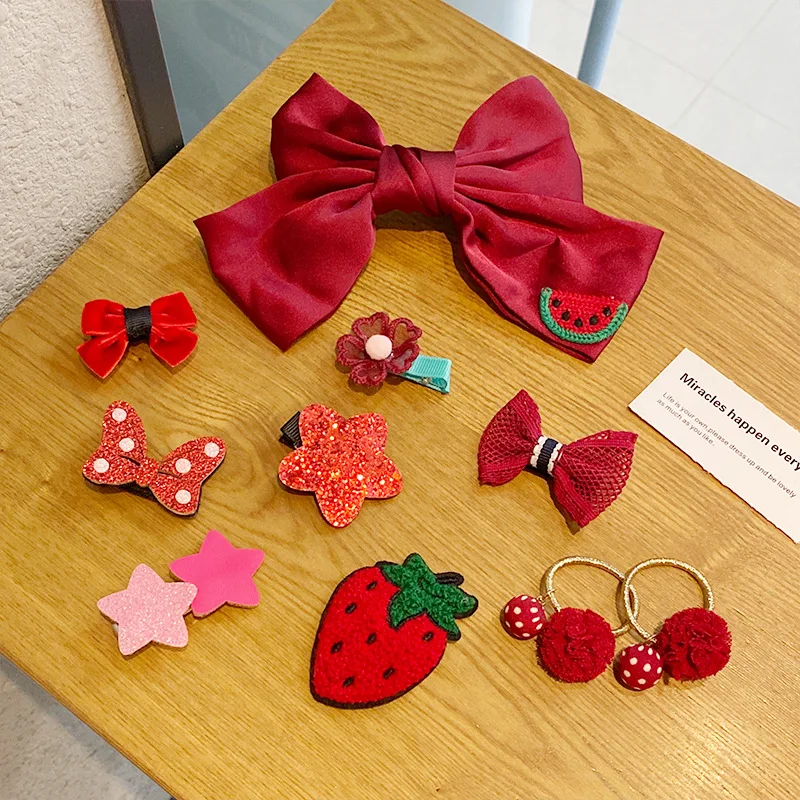 

10 PCS/Set Cute Big Bow Cartoon Fruit Wool Hair Clips Kids Embroidery Hair Ornament Scrunchies Hairpins Barrettes Fashion