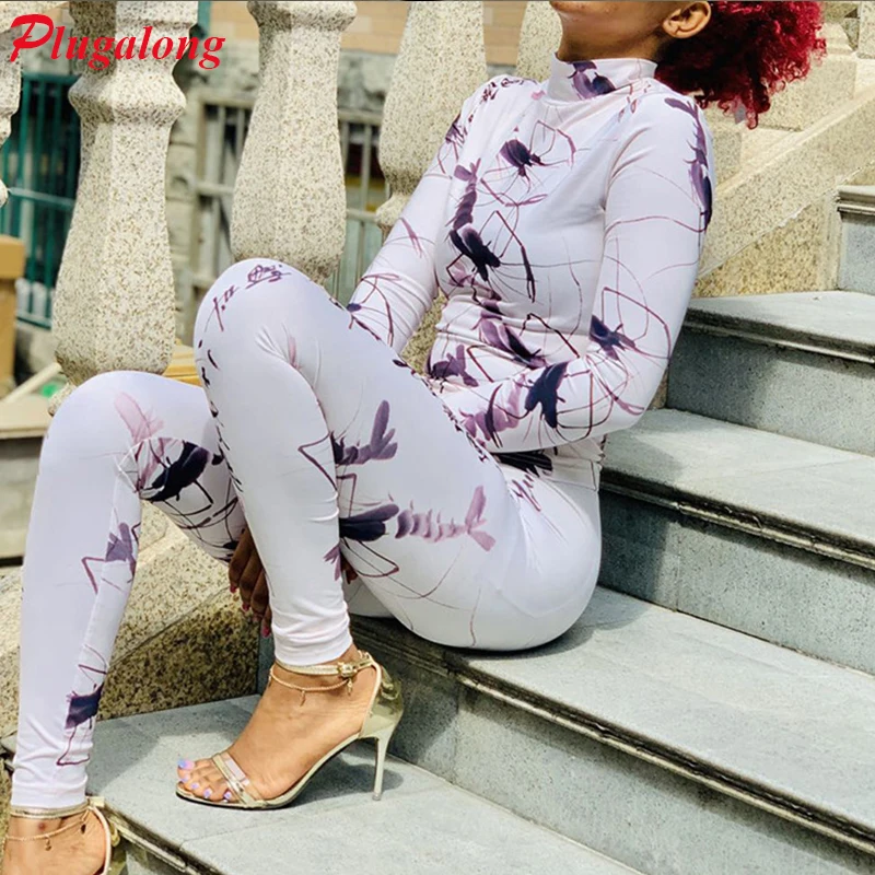 

Plugalong Bodycon Sportswear Tracksuit Women 2 Pieces Winter Bodycon Printed Turtleneck Two Piece Sets Casual Outfits Fitness