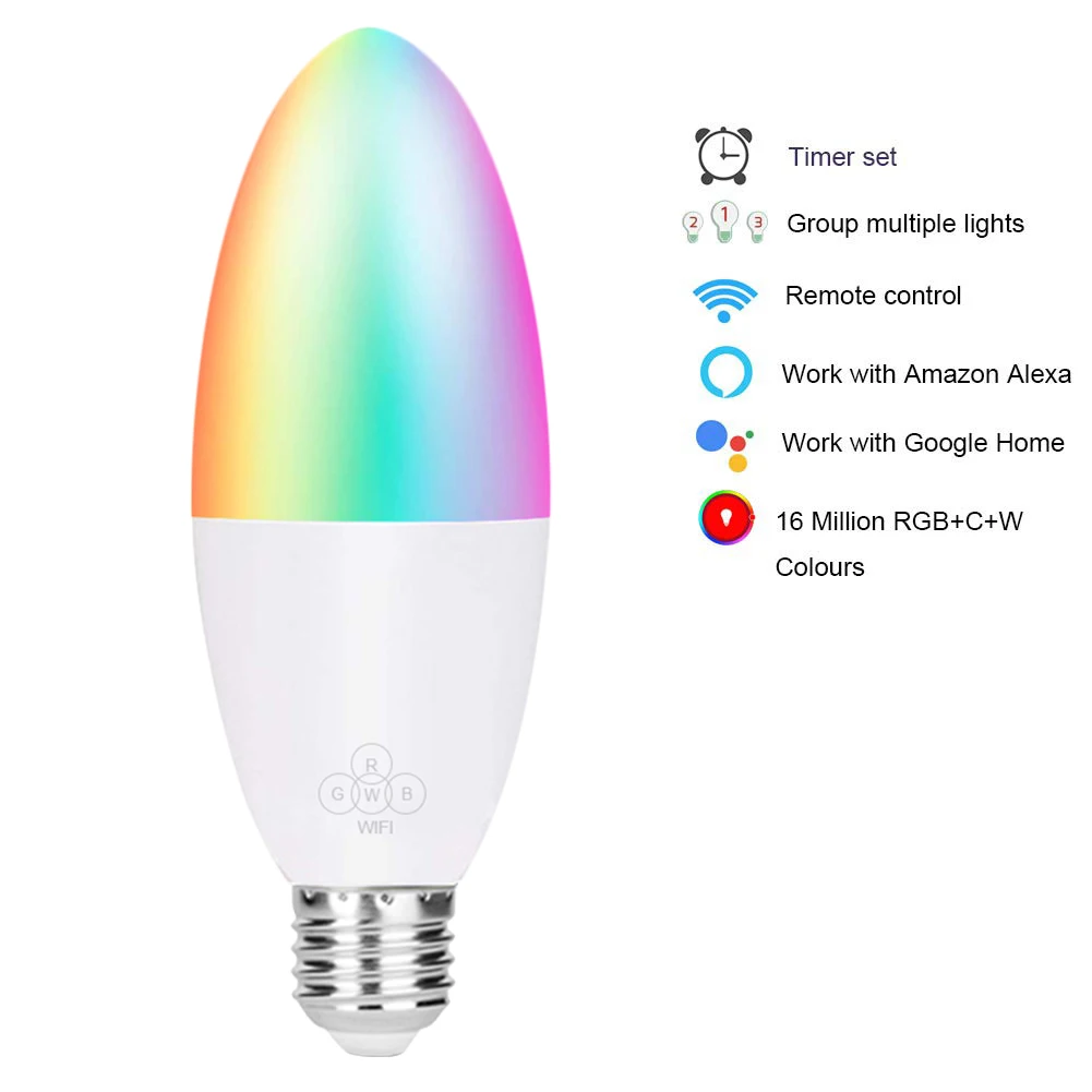 New Wireless Smart Candle Bulb LED 6W RGB Lamp E14/E26/E27/B22 Dimmable Light Remote Control Compatible With Alexa Google Home