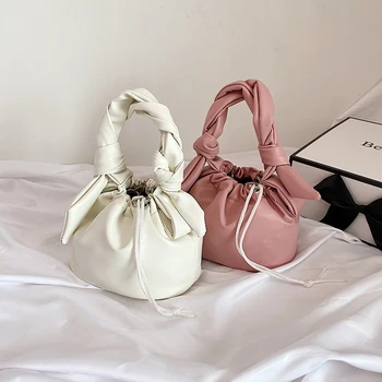 

Drawstring Bucket Bag Women PU Shoulder Handbags Female Classic Texture Creative Design Chic Solid Color Tie Purse