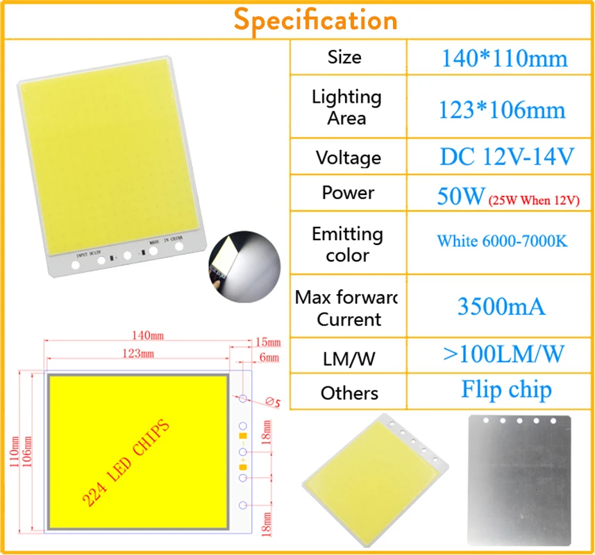 LED COB 플립 칩 50W 110x140mm 5000LM, 사각형 모양 LED COB 비즈 모듈 램프 DC 12V 투광 조명 소스 전구 DIY 작업 조명