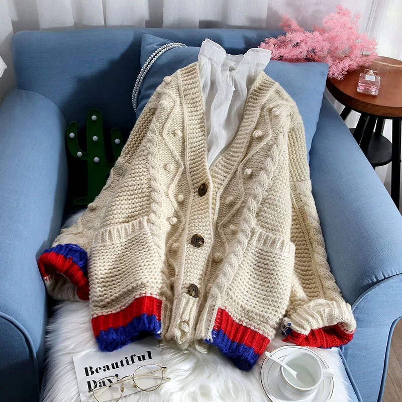 

coarse twisted women sweater and cardigans button pockets striped female loose casual thicken warm lady outwear coat tops
