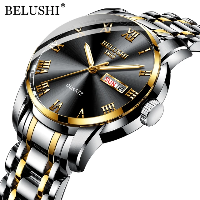 BELUSHI Top Brand Luxury Mens Watches Luminous Waterproof Stainless Steel Watch Quartz Men Date Calendar Business Wristwatch Silver Golden Black