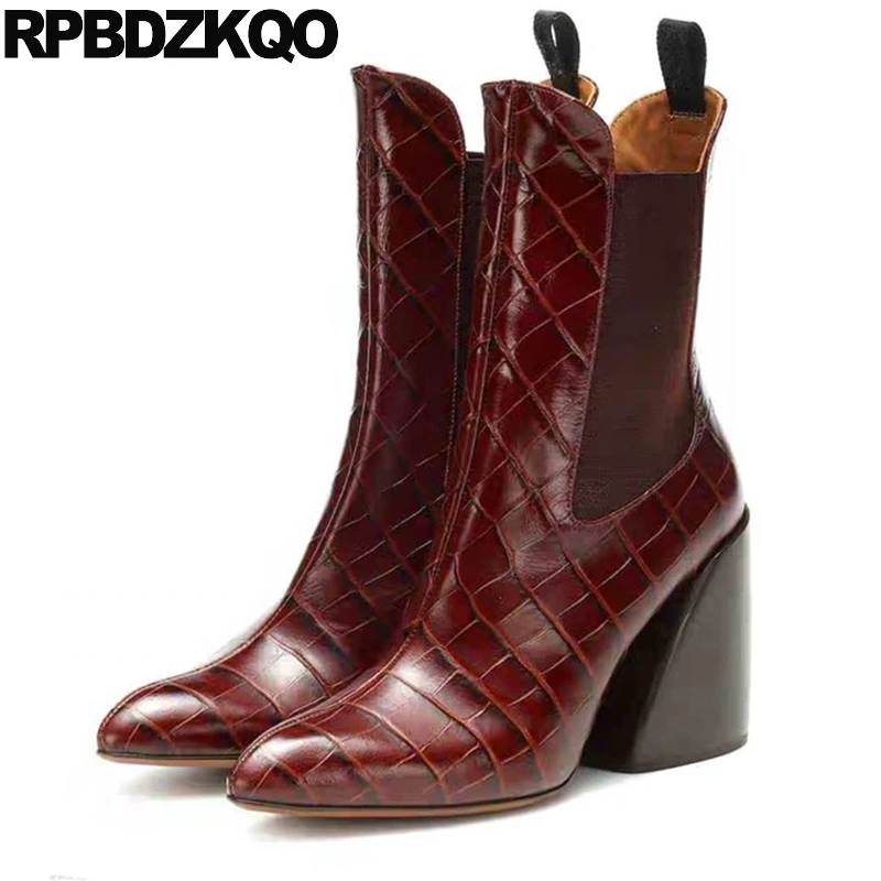 

snake pointed toe boots snakeskin slip on ankle autumn chunky wine red high heel chelsea block designer shoes women luxury 2019
