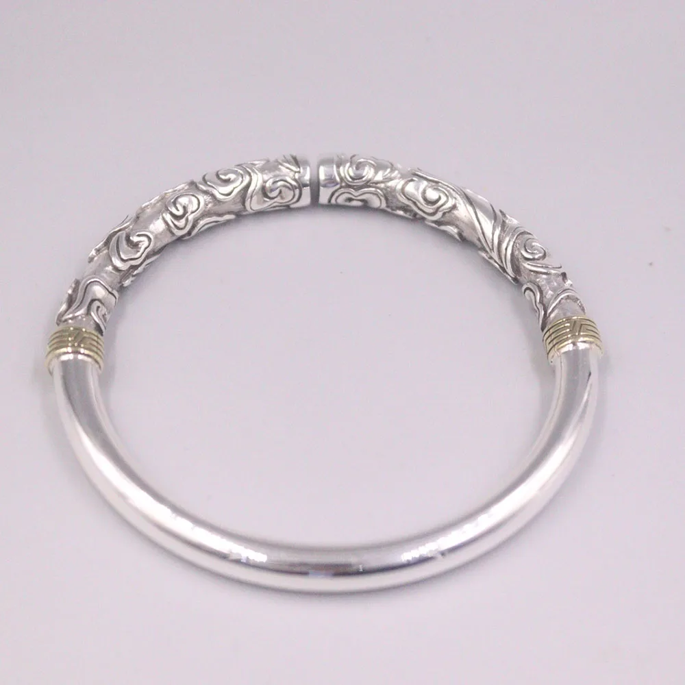 

Fine Pure S999 Sterling Silver Bangle Women 8mm Golden Cudgel Figure Link Bracelet 60-65mm 47-48g