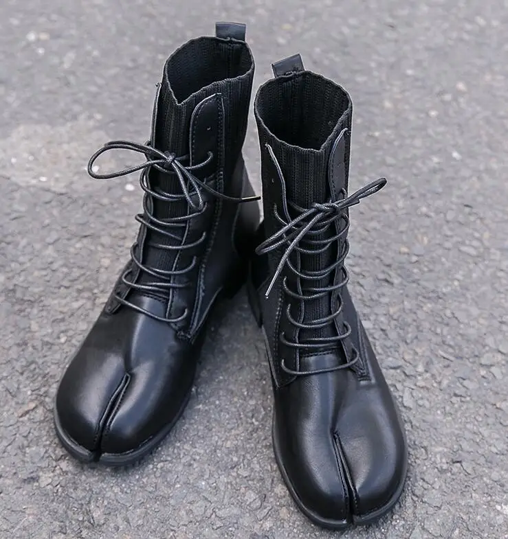 Черный Ботинки-мартинсы из искусственной кожи и вязания в стиле таби ниндзя черные универсальные мотоциклетные ботинки на шнурках с острым носком - Цвет: Черный