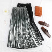 Мода осень зима Блестящий Золотой Серебряный металлический плиссированные юбки женские корейские трапециевидные длинные юбки с высокой талией женские