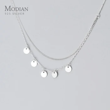 

MODIAN 925 Sterling Silver Simple Double Chain Sequins Pendant Necklace for Women Geometric Necklace Korea Style Fine Jewelry