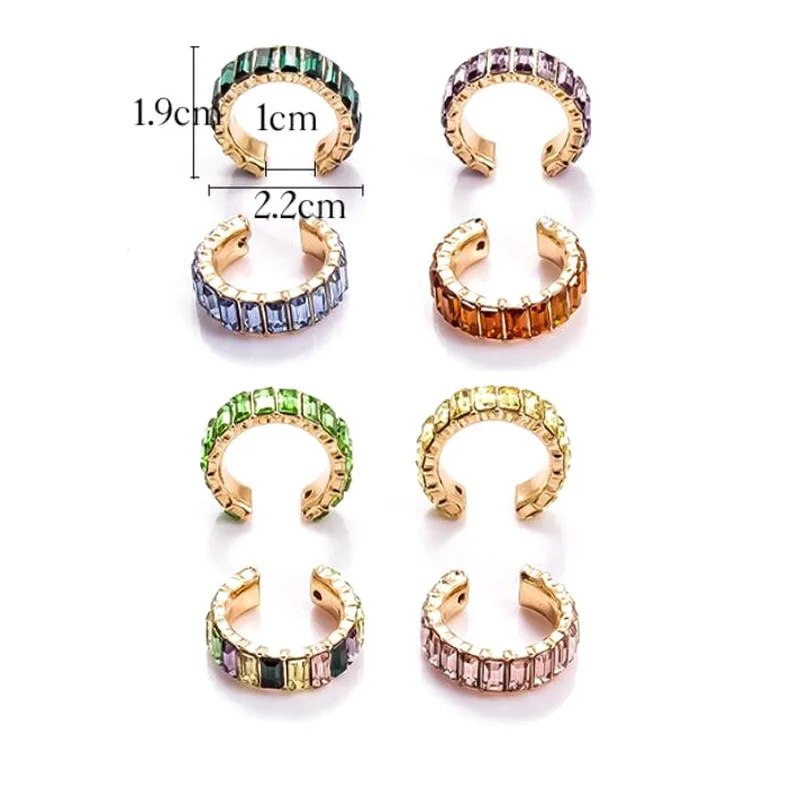 

1PC Clip Earring Colorful Grass Rhinestone Jeweled Cuff Geometric C Shape Earclip Ladies Ear Cuff Fashion Brand Women Jewelry