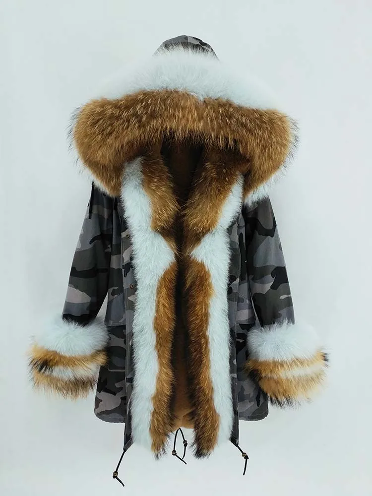 Furlove длинное пальто-парка зимняя куртка женская натуральная настоящая из енота, лисы меховой капюшон, воротник Толстая теплая верхняя одежда уличная Роскошная - Цвет: color 4