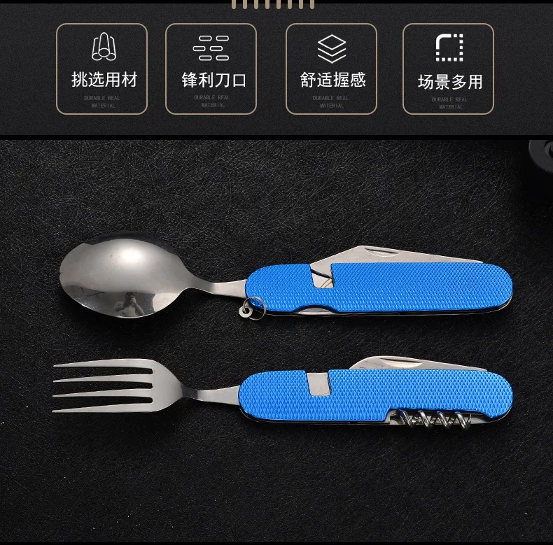 Hot sale knife and fork combination portable 6 in 1 stainless steel folding cutlery set for outdoor camping picnic travel