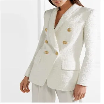 

HIGH STREET Newest Runway 2018 Designer Blazer Women's Metal Buttons Shawl Collar Wool Blends Tweed Blazer Coat