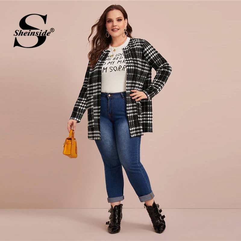 Sheinside размера плюс элегантная клетчатая куртка с принтом для женщин Весна Хаундстут Спереди открытая верхняя одежда женские повседневные куртки