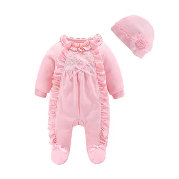 

Baby Footies 2020 Autumn Winter New Baby Girl Jumpsuit Red Pink Pure Cotton Baby Romper With Hat