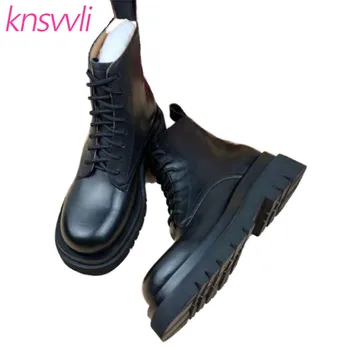 

New Genuine Leather Thick Sole Chelsea Boots Women Lace Up Round Toe Flat Short Boots Woman Casual Motorcycle Boots Botas Mujer