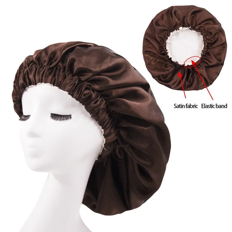 Solid Color Reversible Silky Satin Bonnet Double Layer Sleep Night Cap Head Cover Bonnet Hat Curly Springy Hair Black sleeping bonnet caps